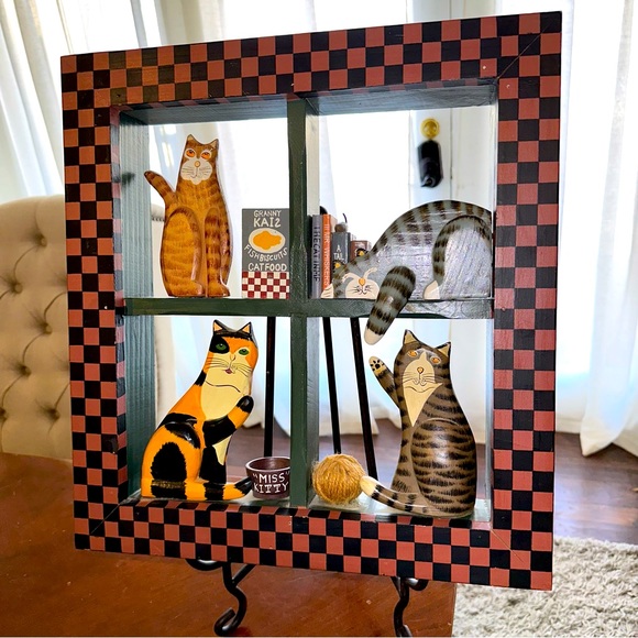 Folkart Cat Shelf Window Wall Decor Solid Wood hand Carved Painted Cat Collector